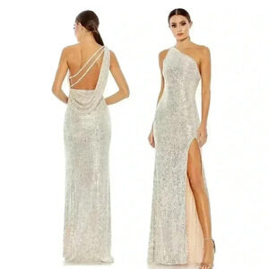 Mac Duggal SEQUINED ONE SHOULDER DRAPED BACK GOWN 2 SILVER 26990 Strappy Slit XS